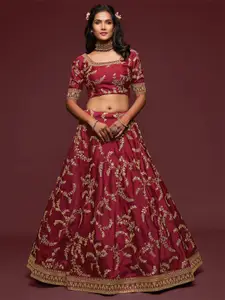 FABPIXEL Maroon Embroidered Sequinned Semi-Stitched Lehenga & Unstitched Blouse With Dupatta