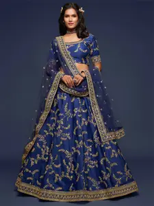 FABPIXEL Blue Embroidered Semi-Stitched Lehenga & Unstitched Blouse With Dupatta