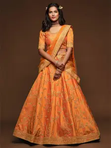 FABPIXEL Orange Embroidered Sequinned Semi-Stitched Lehenga & Unstitched Blouse With Dupatta