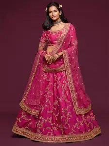 FABPIXEL Pink Embroidered Semi-Stitched Lehenga & Unstitched Blouse With Dupatta