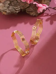 VIRAASI Set Of 2 Gold-Plated Red & White Stone-Studded Bangles