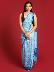 Indethnic Blue & Silver-Toned Ethnic Motifs Zari Bhagalpuri Saree