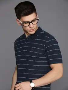 Louis Philippe Sport Men Navy Blue & Grey Striped Polo Collar Pure Cotton Slim Fit T-shirt
