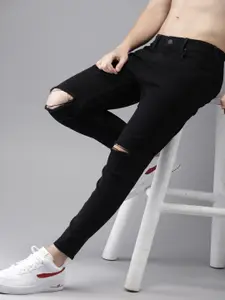 Moda Rapido Men Black Ankle Slim Tapered Fit Mid-Rise Slash Knee Stretchable Jeans