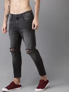 Moda Rapido Men Black Ankle Slim Tapered fit Mid-Rise Slash Knee Stretchable Jeans