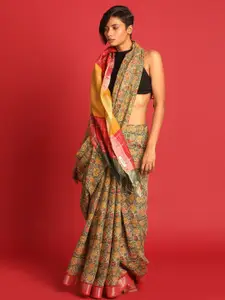Indethnic Green & Silver-Toned Floral Zari Bhagalpuri Saree
