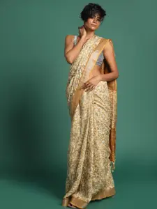 Indethnic Yellow & White Floral Handloom Bhagalpuri Saree