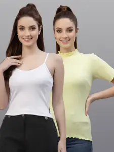Friskers Women White & Yellow Top Pack Of 2