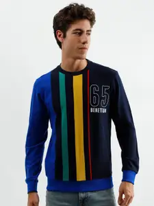 United Colors of Benetton Men Blue Typography Striped Cotton T-shirt