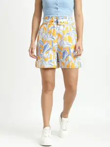 United Colors of Benetton Women Yellow Floral Printed High-Rise Shorts