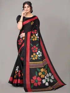Yashika Black & Red Floral Printed Art Silk Saree