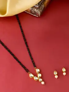 VIRAASI Women White & Black Gold-Plated Kundan-Studded Mangalsutra with Earrings
