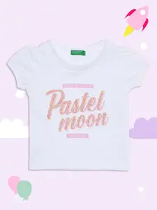 United Colors of Benetton Girls White & Pink Typography Printed T-shirt