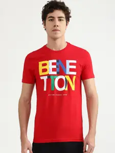 United Colors of Benetton Men Red Brand Logo Printed Pure Cotton T-shirt