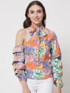 The Dry State Orange & Green Floral Print Tie-Up Neck Top