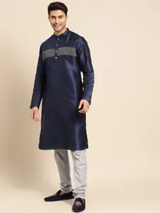 KISAH Men Navy Blue & Grey Woven design Detail Kurta with Churidar