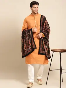 KISAH Men Mustard Yellow & White Kurta with Churidar & Shawl