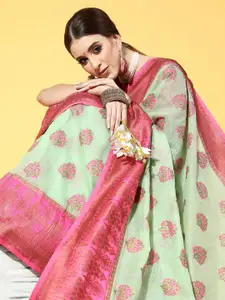 Saree mall Sea Green & Pink Floral Zari Linen Blend Banarasi Sarees