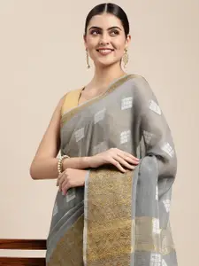 Saree Swarg Grey & Silver Linen Blend Banarasi Sarees