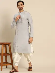 KISAH Men Grey & Cream-Coloured Sequinned Kurta with Dhoti Pants