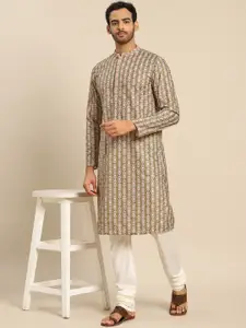 KISAH Men Olive Green Printed Kurta with Churidar
