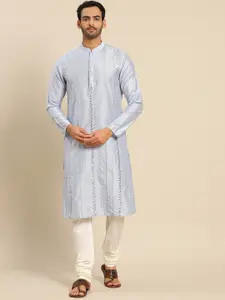 KISAH Men Blue Embroidered Thread Work Kurta with Churidar