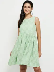 max Women Green & White Printed Fit & Flare Dress