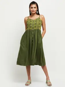 max Green & Yellow Ethnic Motifs Embroidered A-Line Dress