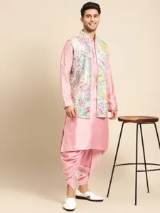 KISAH Men Pink Kurta with Dhoti Pants & Nehru Jacket