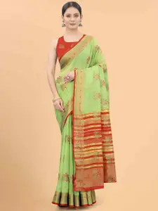 Silk Land Green & Red Woven Design Saree
