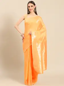 Silk Land Orange & Gold-Toned Woven Design Zari Saree