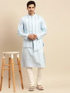 KISAH Men Blue & White Kurta with Churidar & Nehru Jacket