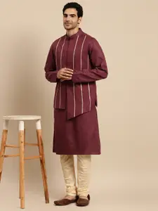 KISAH Men Maroon & Beige Kurta with Churidar & Nehru Jacket