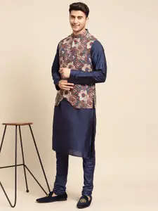 KISAH Men Navy Blue Kurta with Churidar & Nehru Jacket