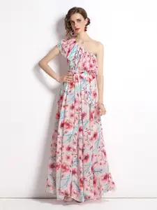 JC Collection Pink & Blue Floral One Shoulder Maxi Dress