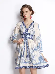 JC Collection Blue & White Ethnic Motifs Dress
