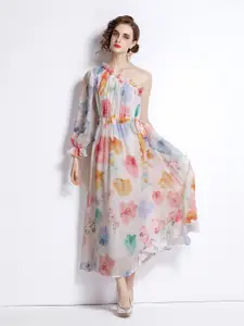 JC Collection Women White & Pink Floral Printed One Shoulder Maxi Dress