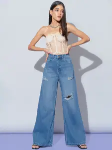 FREAKINS Women Blue Flared High-Rise Mildly Distressed Cotton Light Fade Jeans