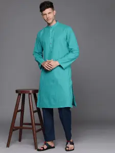 Fabindia Men Turquoise Blue Striped Thread Work Pure Cotton Kurta