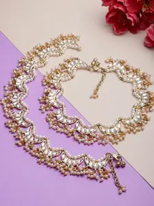 KARATCART Set Of 2 Gold-Plated White Kundan-Studded Anklets