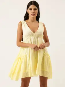 FOREVER 21 Off White & Yellow Checked Ombre Empire Dress
