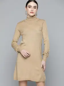 Chemistry Beige Solid Acrylic Turtle Neck Sweater Dress
