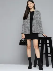 Chemistry Women Black & Grey Tweed Notch Collared Single-Breasted Blazer