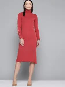 Chemistry Women Red Solid  Turtle Neck Jumper Dress With Embellished Detail