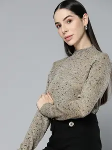 Chemistry Women Beige High-Neck Speckled Pullover Sweater