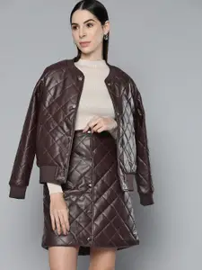 Chemistry Women Brown Quilted Jacket with Skirt