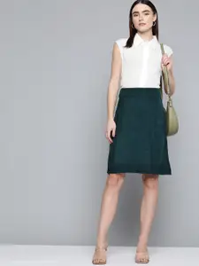 Chemistry Women Teal Green Self Design Cable Knit  A-Line Woolen Skirt