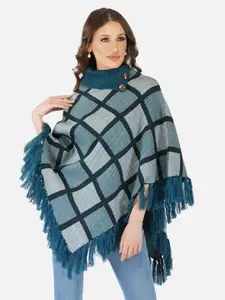 JoE Hazel Women Blue Checked Fringed Poncho