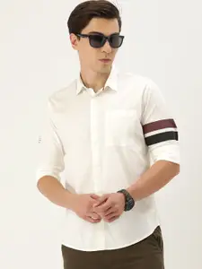 FOREVER 21 Men Cream-Coloured Solid Regular Fit Casual Shirt With Print On Sleeves