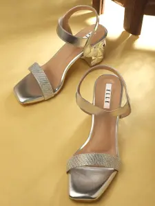 ELLE Silver-Toned Textured Block Heels